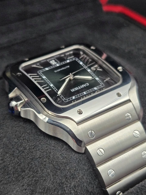Montre Cartier Santos 2025, grand cadran vert, WSSA0062, bracelet acier/cuir, coffret complet
