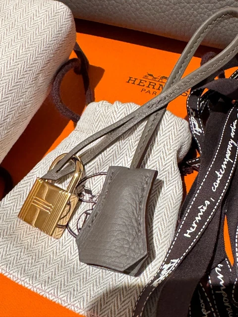 Authentique et neuf, le sac Birkin 30 Hermès couleur Étain doré avec finitions dorées, en cuir Clémence.