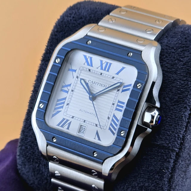 Cartier-Santos-de-Cartier-40-mm-WSSA0047-BP (2) Montre Cartier Santos de Cartier 40 mm WSSA0047 B&P Bracelet supplémentaire Lunette PVD bleue Homme