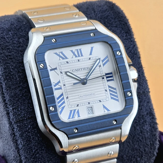 Cartier-Santos-de-Cartier-40-mm-WSSA0047-BP (3) Montre Cartier Santos de Cartier 40 mm WSSA0047 B&P Bracelet supplémentaire Lunette PVD bleue Homme