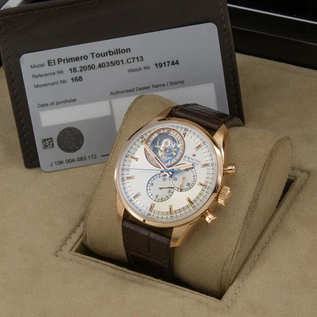 Mens-Zenith-El-Primero-18K-Tourbillon-Chrono-Watch (2) Montre homme Zenith El Primero Tourbillon Chrono 18K 18.2050, ensemble complet #W206671-2